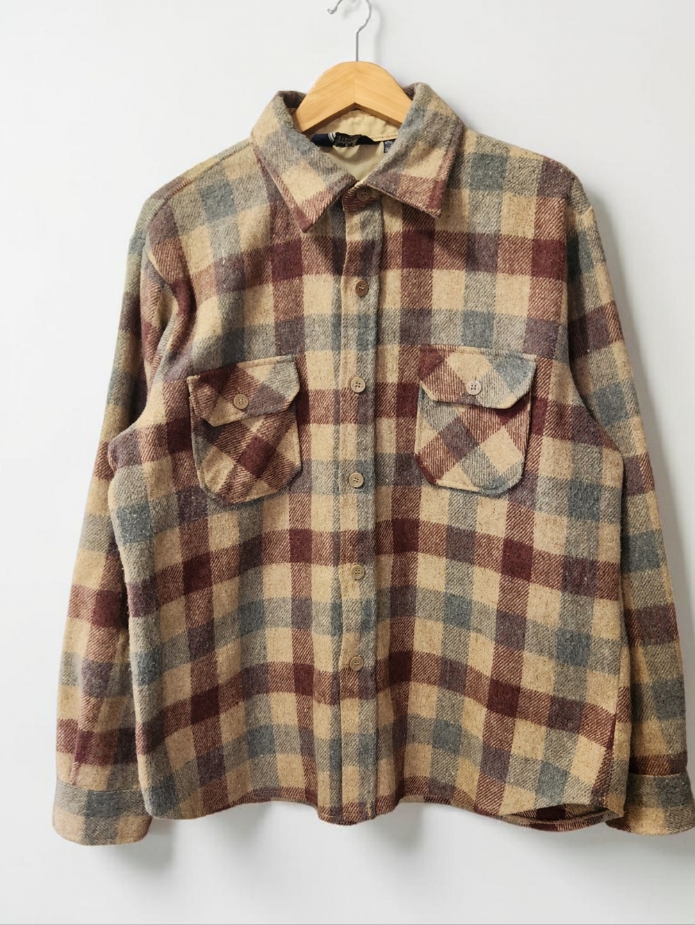 Vintage Stage II Wool Linen Blend Plaid Button Up Shirt Mens XL Red Beige Blue
